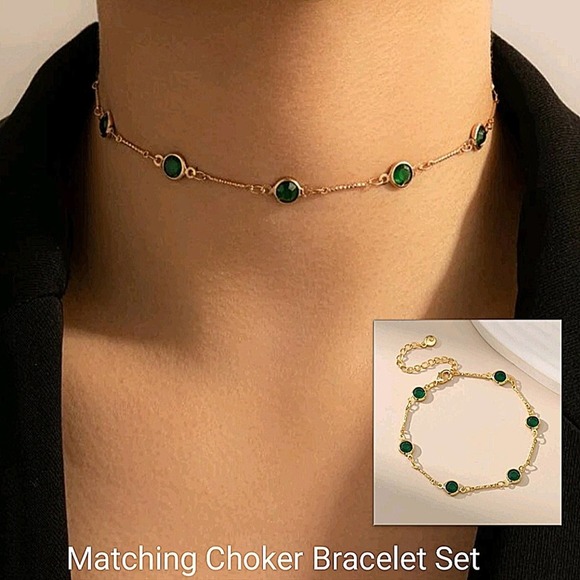 Emerald Green Gold Plated Choker Matching Bracelet Set - Picture 1 of 9